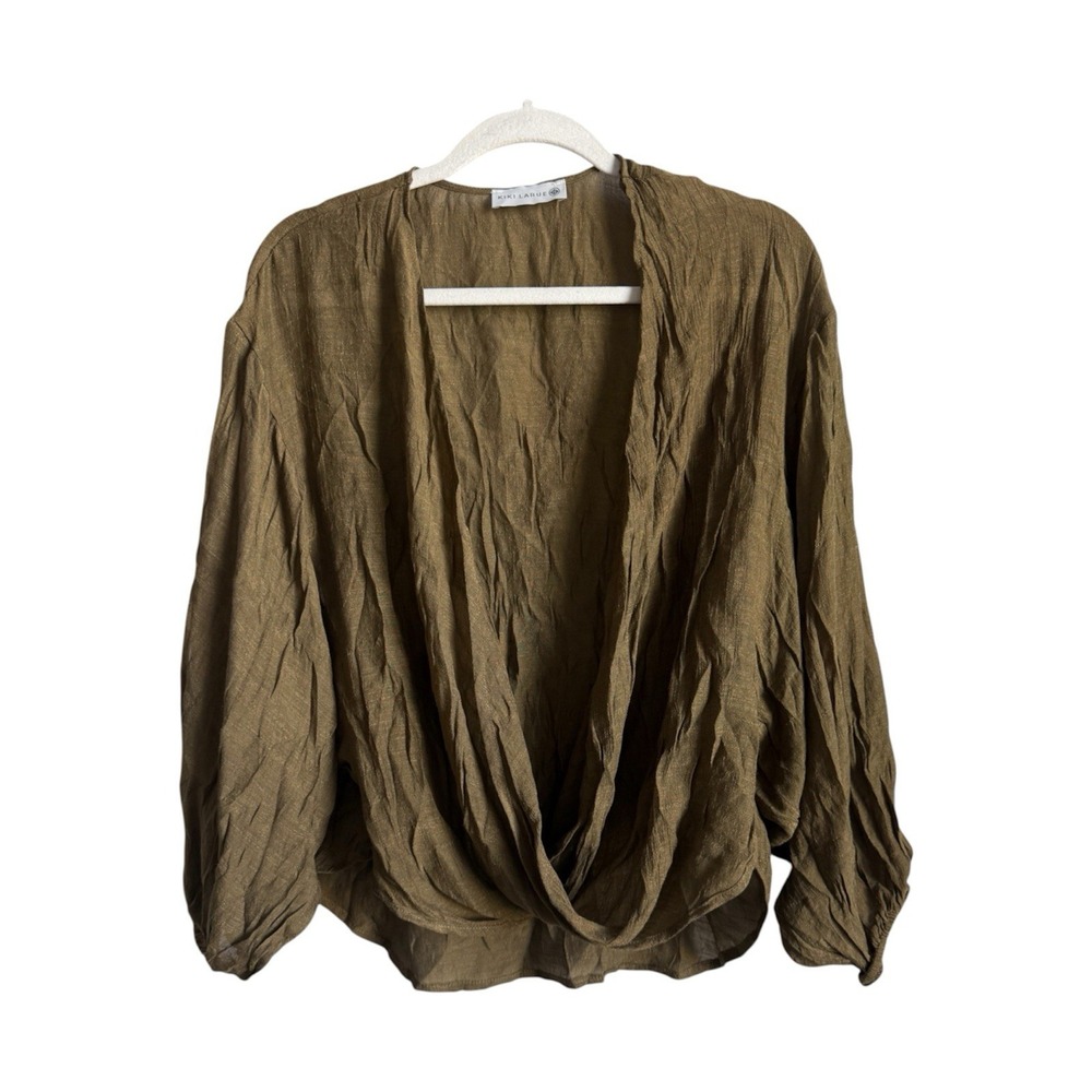 Kiki LaRue Olive Green Draped Wrap Blouse Boho Earthy Fairycore Slouchy Small